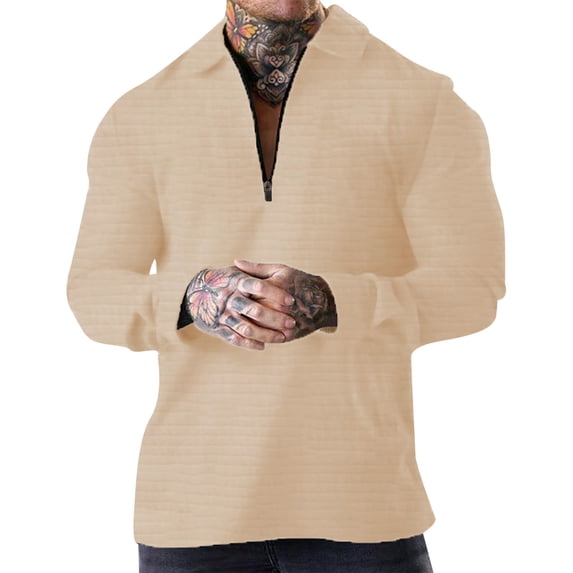 Outdoor Shirt for Men Solid Color Zipper Lapel Long Sleeved Beach Essentials for Men,Khaki,L