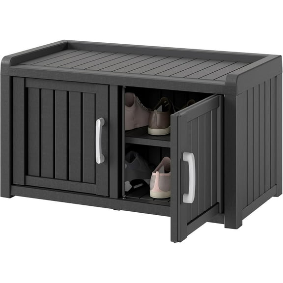 Outdoor Shoe Storage Cabinet, Waterproof UV-Resistant Entryway Storage Bench Indoor Outdoor with 2 Barn Doors, Adjustable Shelves for Entryway, Bedroom, Hallway,Living Room(Black)