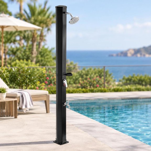 Outdoor Shower, 9.2 Gal Solar Heated Freestanding, with Foot Rinse Faucet and Soap Box Rack, Black, for Poolside and Backyard