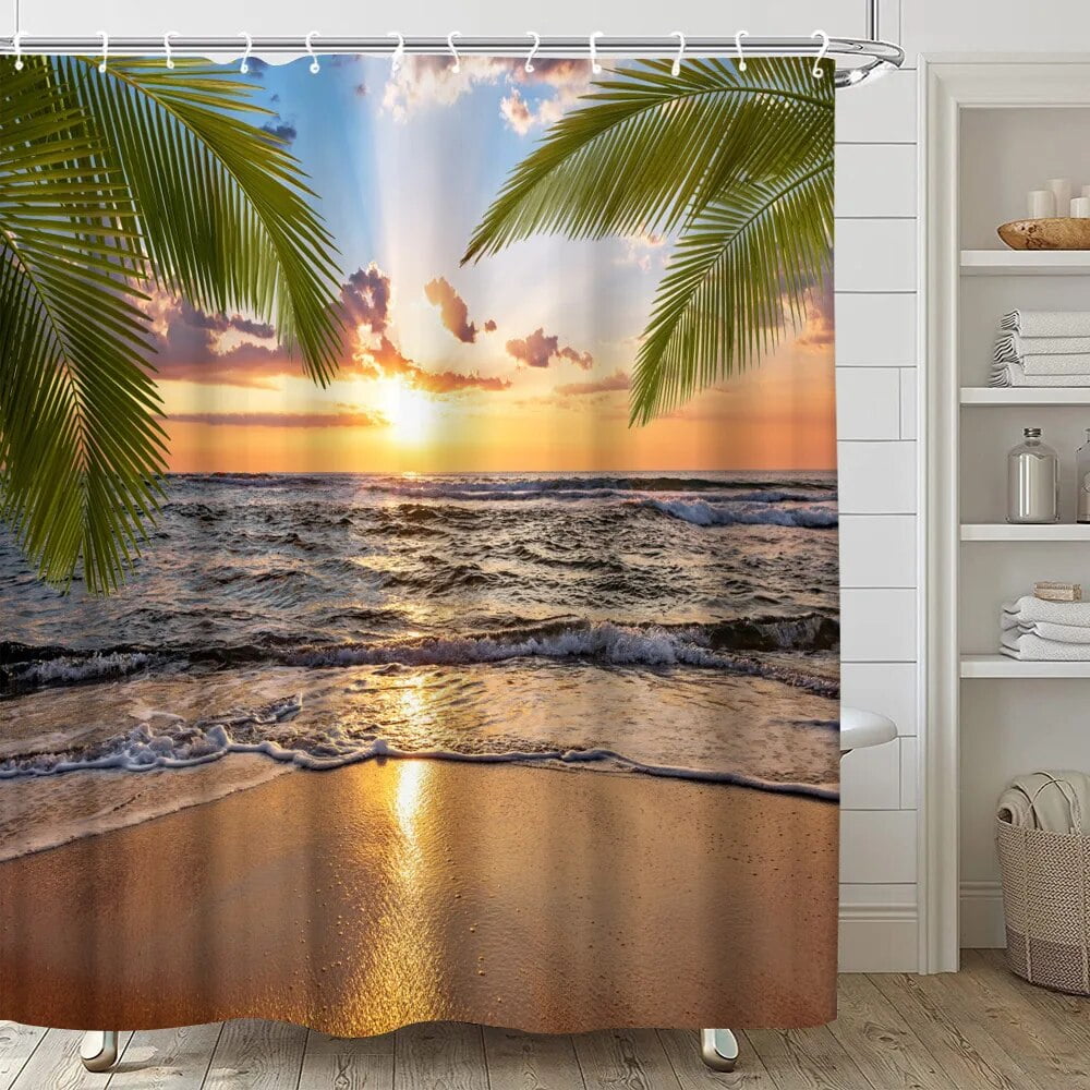 Outdoor Shower Curtain Seaside Scenery Sea Animals Sea Island On Green ...