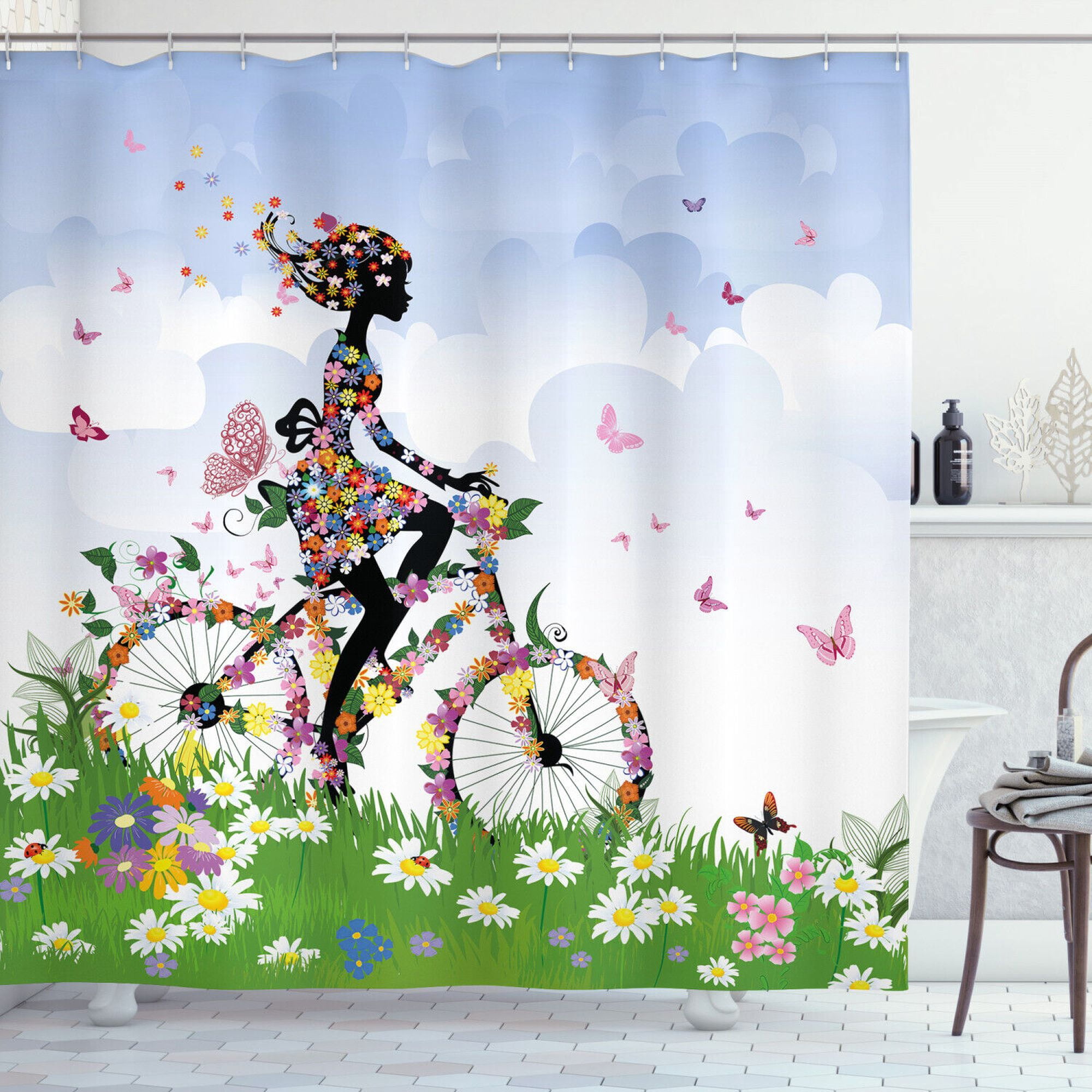Outdoor Shower Curtain Vintage Romantic Bike Print For Bathroom