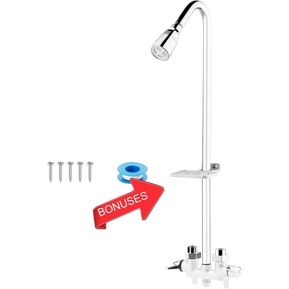 Outdoor Shower Fixture System,with Rustproof Riser and Riser Extension, Double Handle Utility Shower Faucet with Showerhead and Soap Dish, Polished