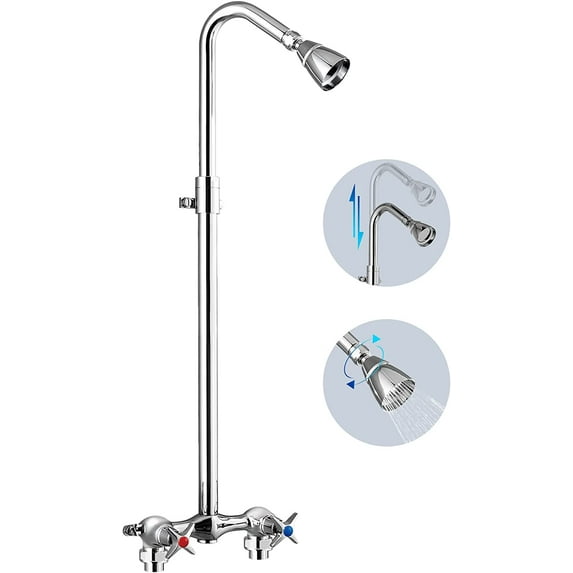 Outdoor Shower Kit Polish Chrome with Adjustable Slide Bar Double Cross Handles Exposed Shower Faucet set Rainfall Shower Head Wall Mount Shower Fixture