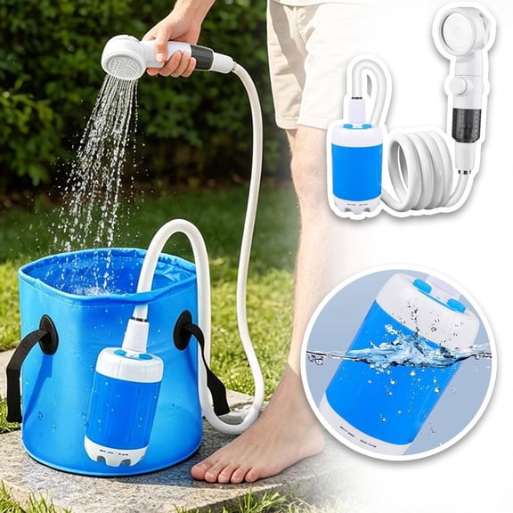 Outdoor Shower & Portable Rinse Kit, Portable Camping Shower with USB Rechargeable Pump, Hose and Multi-Spray Showerhead, Pumps Water from Bucket for Camping, Travel, Pet Bath, Plant Watering