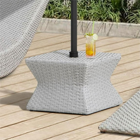 Outdoor Side Patio Table with Umbrella Hole, Sunjoy Poolside 16-Inch Rattan Wicker Square Combination Umbrella Stand Side Table, Grey