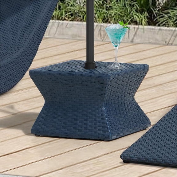 Outdoor Side Patio Table with Umbrella Hole, Sunjoy Poolside 16-Inch Rattan Wicker Square Combination Umbrella Stand Side Table, Navy