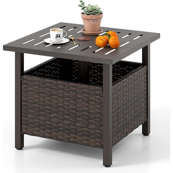 Outdoor Side Table with 1.93" Umbrella Hole, Patio Umbrella Stand with Zinc-Iron Alloy Tabletop, Rustproof Metal Frame, PE Rattan End Table for Deck Garden Yard Poolside (No Sand Bag)