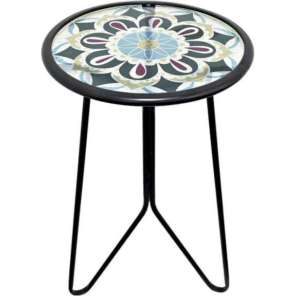 Outdoor Side Table,12" Indoor Outdoor Round Glass Tabletop Accent Table with Metal Frame, Decorative Plant Stand & End Table for Patio, Garden, Yard, Kitchen, Porch