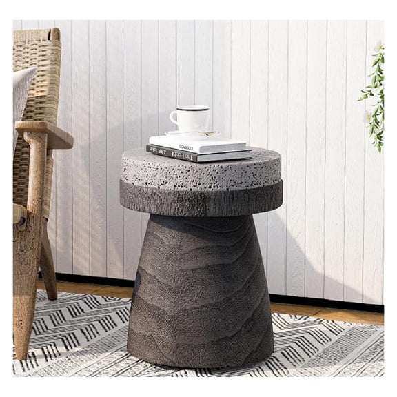 Outdoor Side Table - 14" Small End Table, Graphite Patchwork Patio, Round Concrete, Garden Stool Plant Stand for Poolside, Sunroom (Grey)