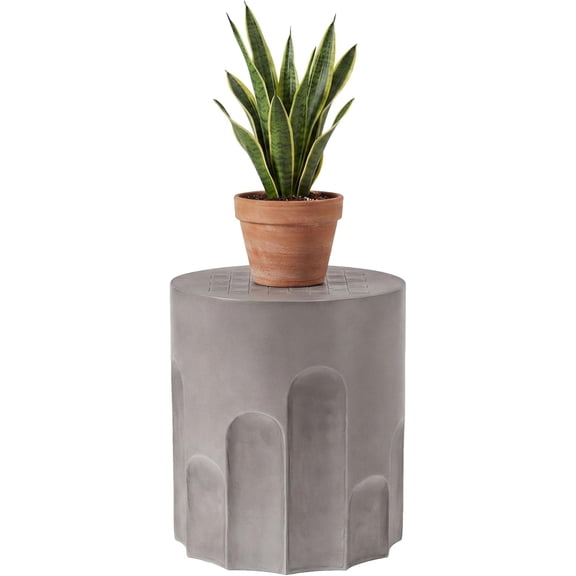Outdoor Side Table, 16.9" Modern Concrete End Table w Chessboard for Patio,Lightweight Round Outside Accent Table & Plant Stand for Garden, Porch, Deck, BalconyGrey