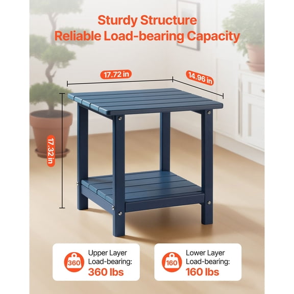 Outdoor Side Table 17.72W x 14.96D x 17.32H Inch Double Layer HDPE End Table Easy Maintenance Weather Resistant for Patio Pool Beach Porch Indoor Backyard Blue