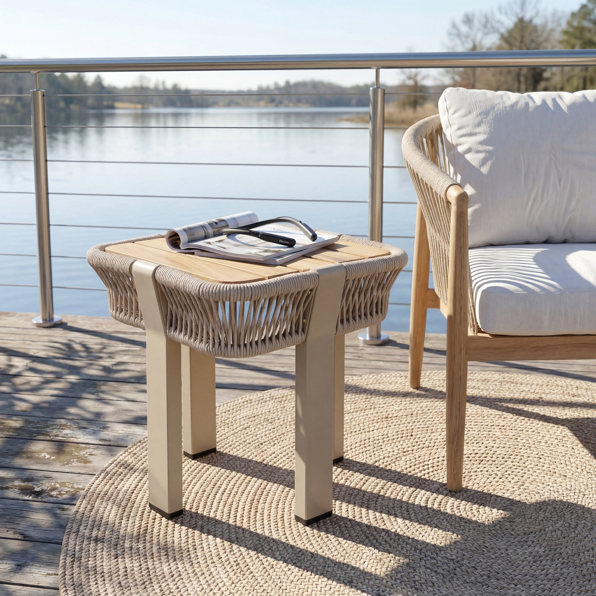 Outdoor Side Table 18.11 Inch, Acacia Wood Top with Beige Rope and Metal Frame for Patio Balcony, Teak and Beige