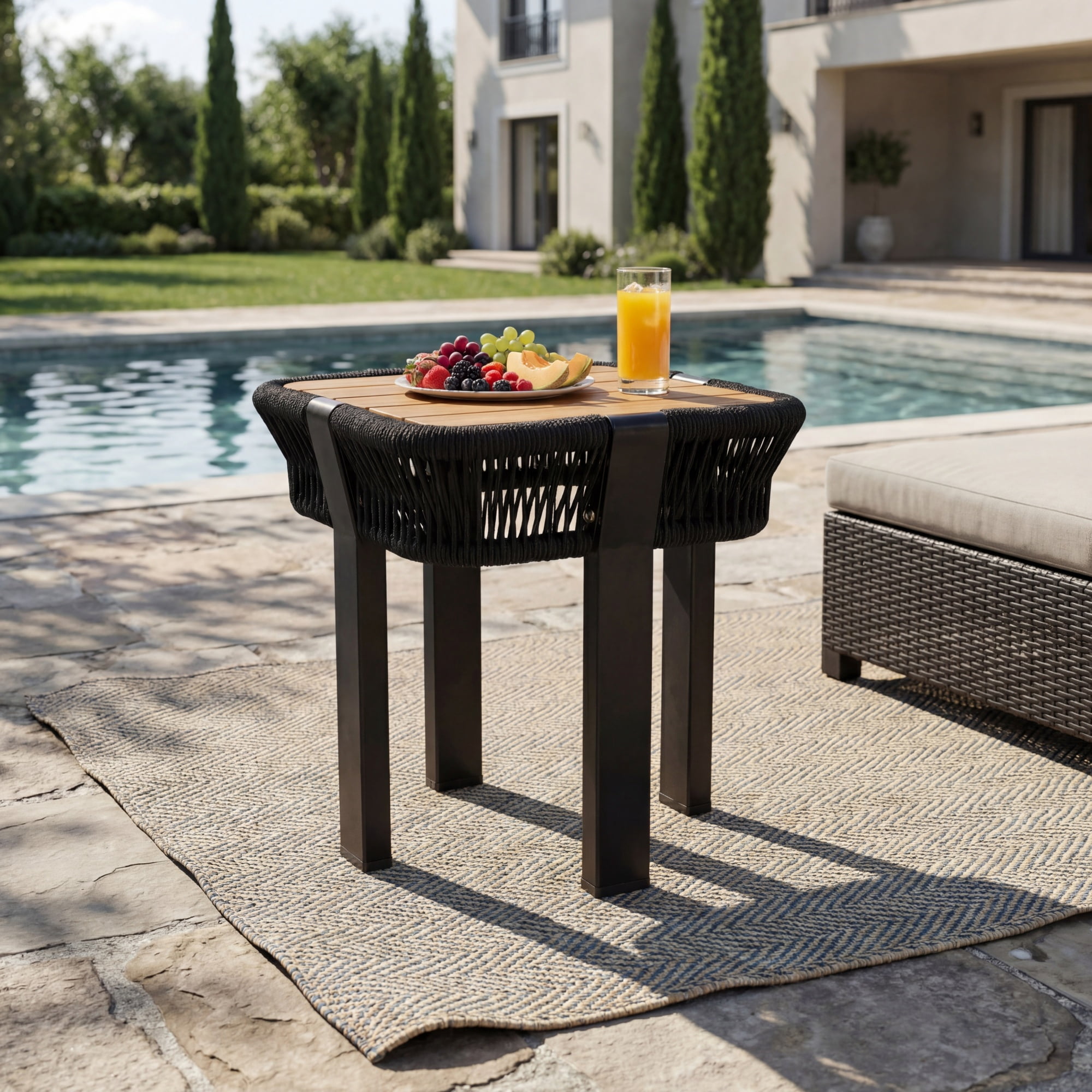 Outdoor Side Table 18.11 Inch, Acacia Wood Top with Black Rope and Metal Frame for Patio Balcony, Black and Teak
