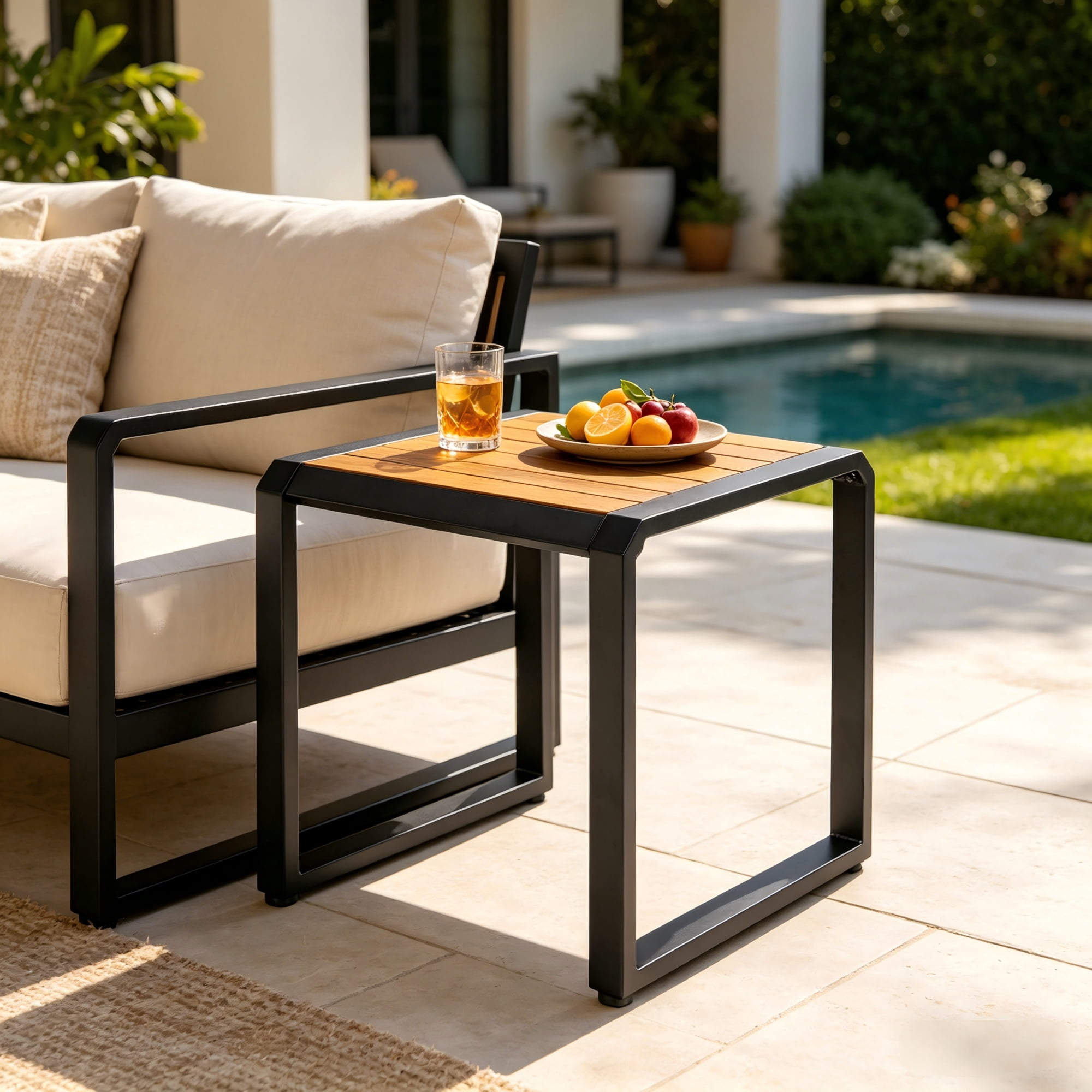 Outdoor Side Table 18.11 Inch, Patio Accent Table with Teak Wood Top and Black Metal Frame, Small End Table for Porch and Poolside, Black and Teak