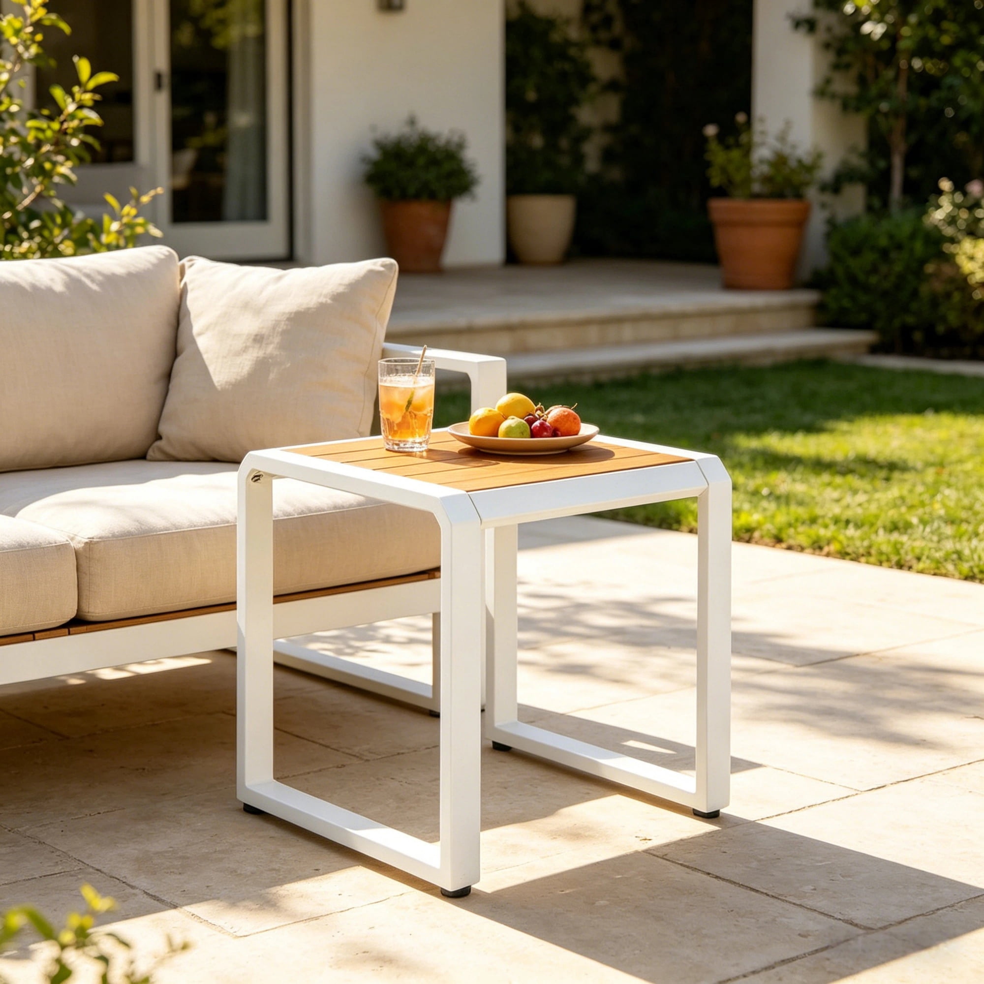 Outdoor Side Table 18.11 Inch, Patio Accent Table with Teak Wood Top and White Metal Frame, Small End Table for Porch and Poolside, Teak and White