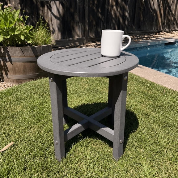 Outdoor Side Table, 18 in. W x 18 in. D x 17 in. H, Small All-Weather Patio End Table for Drinks and Essentials, Gray HDPE