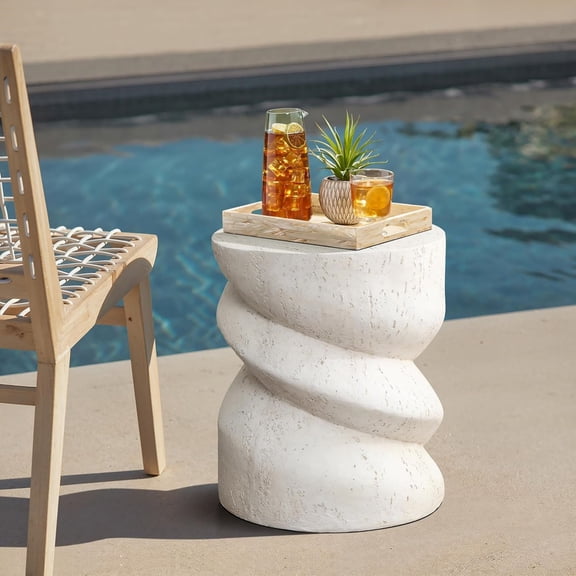 Outdoor Side Table, 19 MgO Accent Table for Patio, Distressed Round Spiral End Tables, Outdoor Concrete Side Tables for Porch, Backyard, Outside, Drum Table, Plant Stand, Ivory