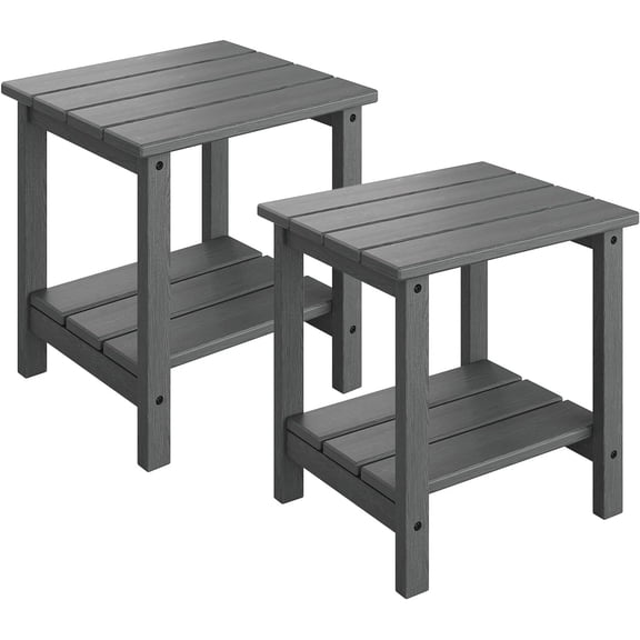 Outdoor Side Table 2-Tier, 18 in HDPE All Weather Resistant Patio Side Tables for Outside, End Table for Patio Pool Deck Indoor Backyard, Grey-2Pcs