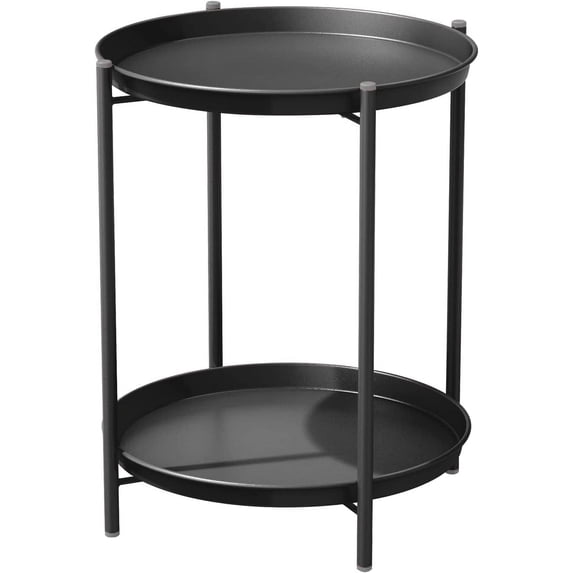 Outdoor Side Table 2-Tier Round End Table Black