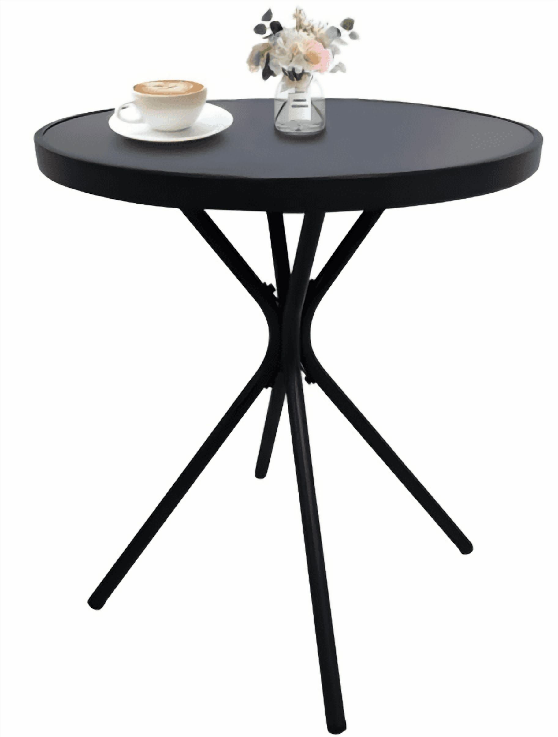 Outdoor Side Table, 24 Inch Glass Top Round End Table for Garden Balcony Patio, Black