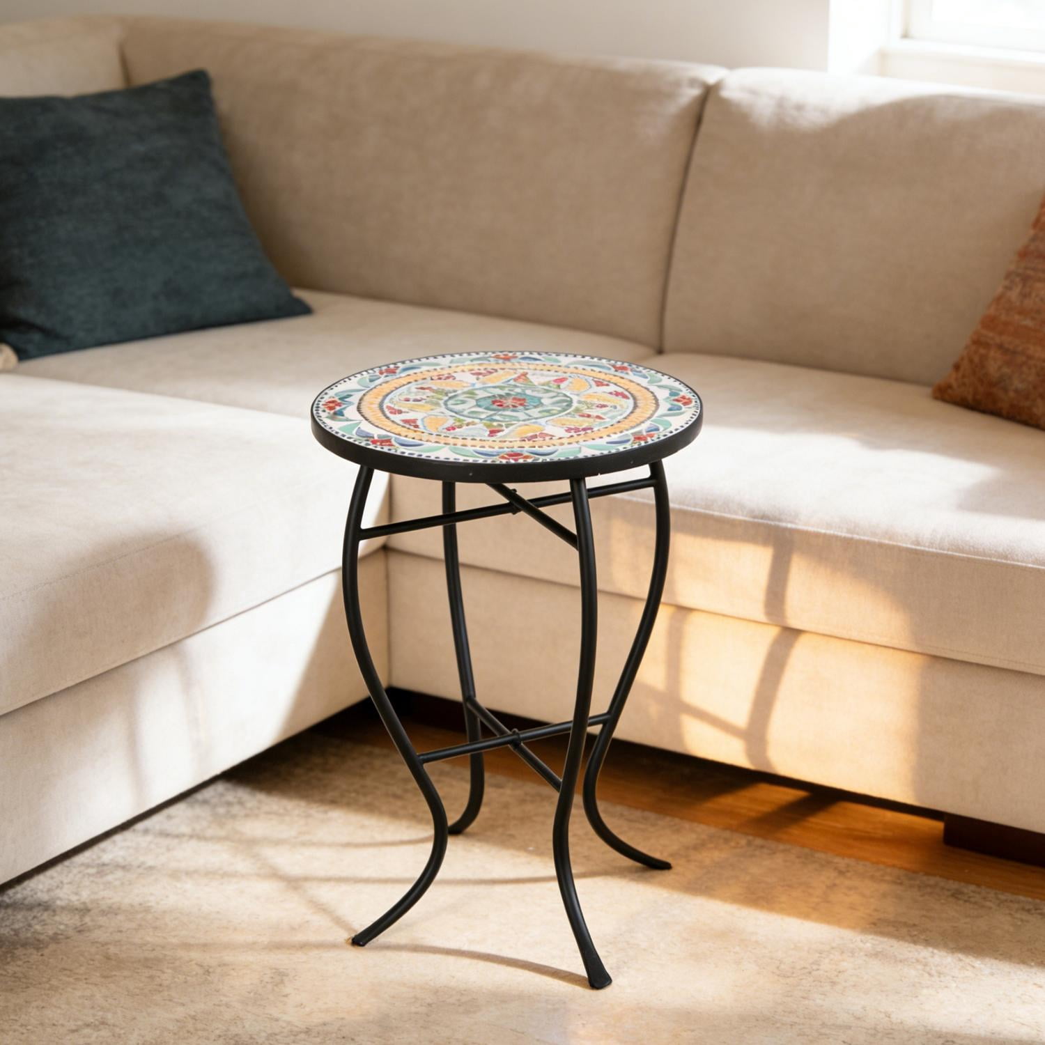 Outdoor Side Table, Accent Table, Tile Mosaic Table with Curved Metal Frame and Ceramic Tile Top for Patio Garden Balcony, 14 Inch, Black