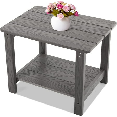Outdoor Side Table, All Weather Resistant Rectangle 2-Tier Patio End Table for Backyard Garden, Gray