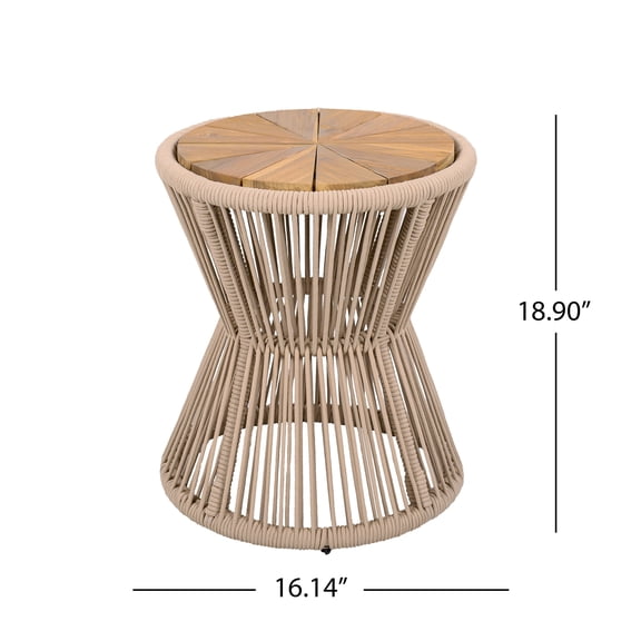 Outdoor Side Table with Beige Rope and Light Teak Wood, 18.9 Height, Weather Resistant Hourglass Design for Patio Deck Garden Balcony, Modern Minimalist Side Table