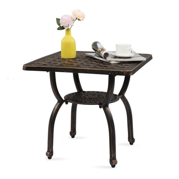 Outdoor Side Table, Cast Aluminum Anti-Rust Outdoor Square End Table, Patio Coffee Bistro Table for Indoor Garden Porch Balcony, Antique Bronze