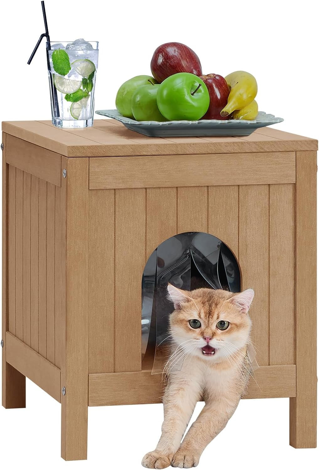 Outdoor Side Table with Cat House, Poly Lumber Sturdy Outdoor End Table
