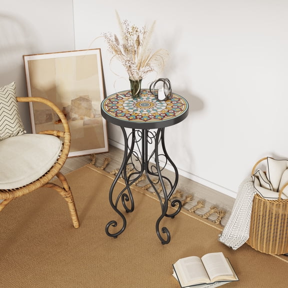 Ceramic Outdoor Side Table, Matte Black Finish, Outdoor Dual-Use Design, Charming Floral Design, for Deck/Porch