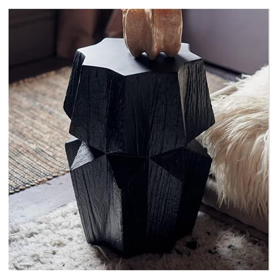 Outdoor Side Table, Concrete Accent Table fo Patio, Garden, Living Room, Small Outdoor Indoor End Table Decorative Garden Stool with Geometric Design, Black