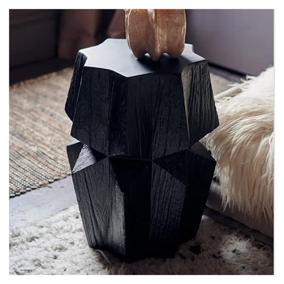 Outdoor Side Table, Concrete Accent Table fo Patio, Garden, Living Room, Small Outdoor Indoor End Table Decorative Garden Stool with Geometric Design, Black