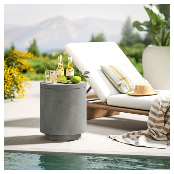 Outdoor Side Table Cooler, 2.6 Gal Concrete Bar Table with Ice Bucket, Gray Patio End Table with Storage