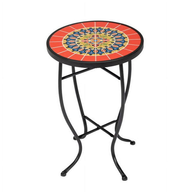 Outdoor Side Table, End Table Patio Side Table with Glass Top Round Balcony Coffee Table Porch Indoor Glass Top, Sun Patio Side Table,Metal Glass End Table for Porch Garden Yard Pool, Red Mandala