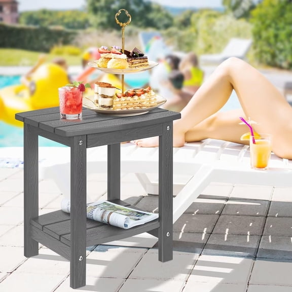 Outdoor Side Table, HIPS Adirondack Small Double Layer Table, Waterproof Square Balcony Modern End Tables for , Pool, Beach, Porch, Deck, Indoor or Outdoor Use, Dark Gray