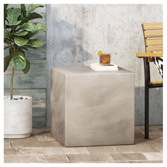 Outdoor Side Table, Light Grey Concrete Patio End Table, 22 Inch Cube Modern Outdoor Furniture, Weather Resistant Small Accent Table for Deck, Balcony
