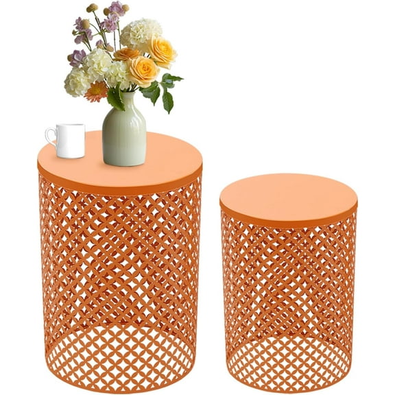 Outdoor Side Table, Metal Frame Accent Table, 2pcs Modern End Tablefor Garden, Balcony, Bedroom, Living Room, Kitchen, Orange