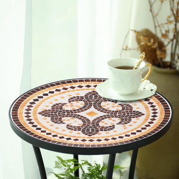 Outdoor Side Table Mosaic  Accent Table Tan Metal Frame Small End Table for Garden Balcony Porch