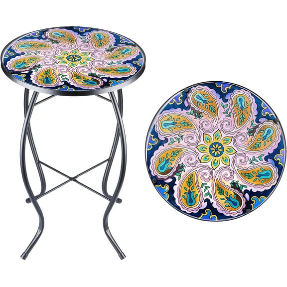 Patio Side Table Outdoor Mosaic Table Accent Coffee Table,Plant End Table Small Porch Purple Table Indoor,Round Glass Balcony Small Porch Plant Stands for Garden Patio Living Room 14 Inch