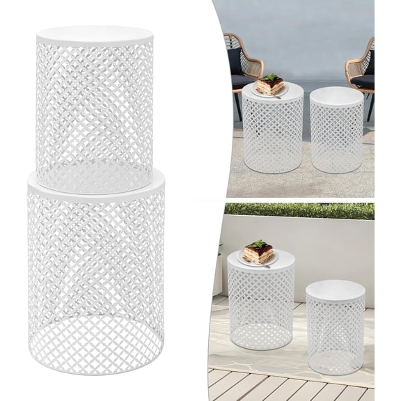 Outdoor Side Table, Nesting Side Table Decorative Garden Stools for Indoor Outdoor, Coffee Tables Patio Modern End Table Heavy Duty Metal Frame Accent Table (2pcs White)