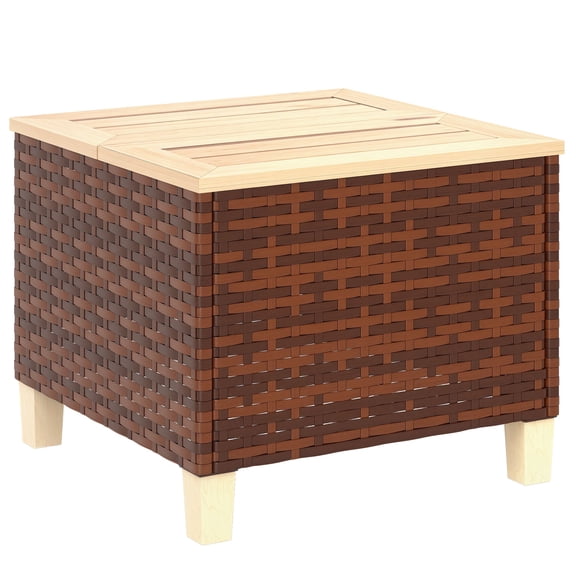 Outdoor Side Table with PE Rattan and Natural Fir Wood Tabletop, 17.7" Square Brown Patio End Table with Steel Frame for Garden, Balcony, Poolside, and Porch Accent Furniture