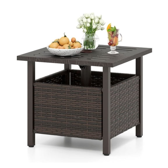 Outdoor Side Table, PE Wicker Patio Table with Umbrella Hole 1.93", All-Weather Rattan Side Table for Patio, Garden, Backyard - Mix Brown