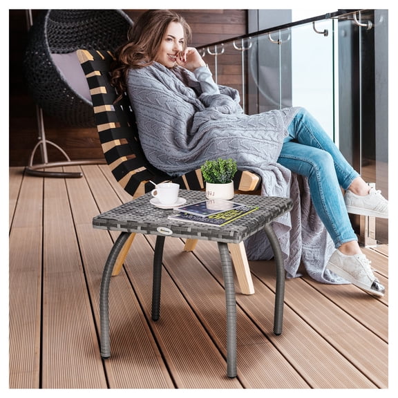 Outdoor Side Table, PE Wicker Rattan End Table, Small Square Patio Coffee Table for Garden, Balcony, Backyard, Grey