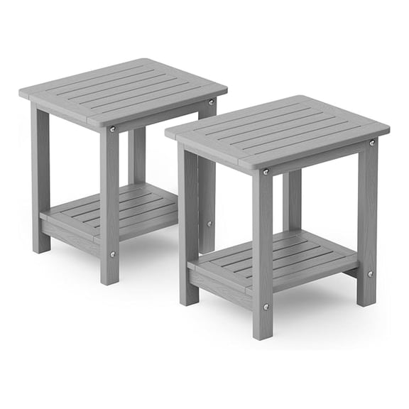 Outdoor Side Table for Patio: 16" HIPS Weather - Resistant Adirondack Tables Set of 2 - Small Square End Tables for Backyard Pool Porch Balcony - Indoor Outdoor Double Layer Table Grey
