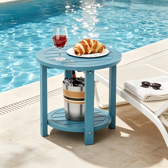 Outdoor Side Table for Patio: 16"  Small Round Outdoor End Table - 2-Tier Adirondack Table for Patio, Porch, Yard, Poolside, Living Room, Beach, Bedroom, Blue