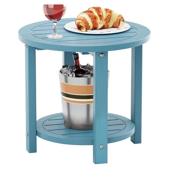 Outdoor Side Table for Patio: 16in HIPS Small Round Outdoor End Table - 2-Tier Adirondack Tables for Patio Porch Yard Poolside Living Room Beach Bedroom (Blue, 1 Pack)