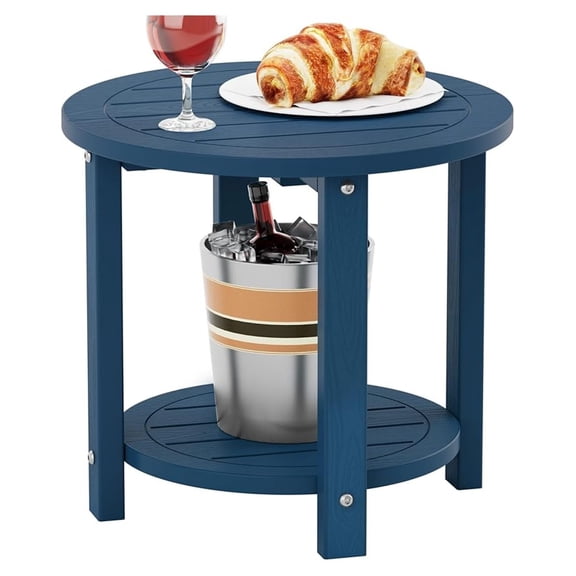 Outdoor Side Table for Patio: 16in HIPS Small Round Outdoor End Table - 2-Tier Adirondack Tables for Patio Porch Yard Poolside Living Room Beach Bedroom (Navy, 1 Pack)
