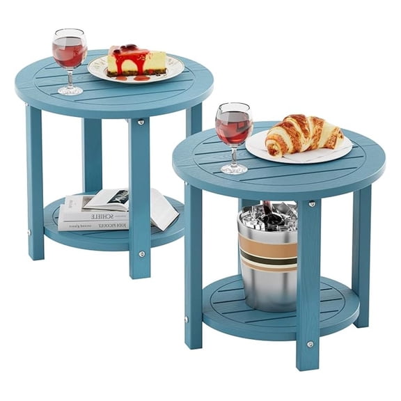 Outdoor Side Table for Patio: 16in HIPS Small Round Outdoor End Table - 2-Tier Adirondack Tables for Porch Patio Yard Poolside Living Room Beach Bedroom (Blue, 2 Pack)