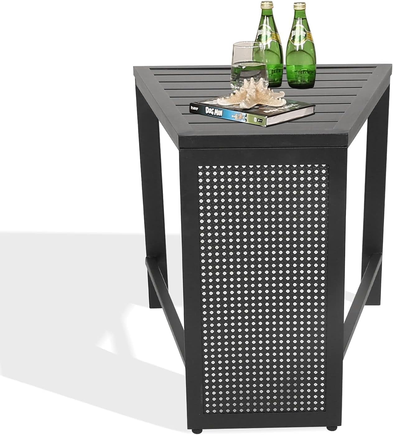 Outdoor Side Table Patio Accent End Metal Slats Top Table Black