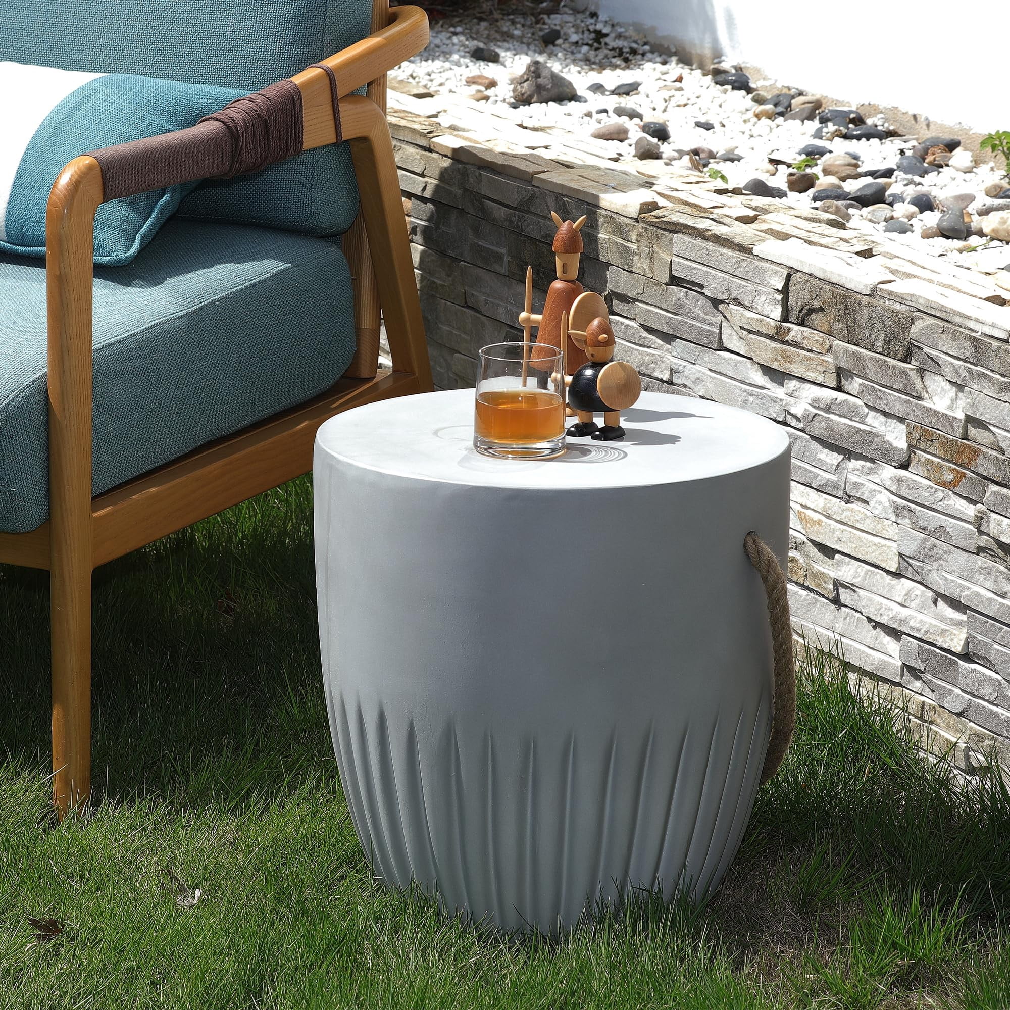 Outdoor Side Table for Patio, Concrete End Table with Hemp Rope Design, Weather-Resistant Drum Accent Table for Indoor & Outdoor Use, Porch, Garden, Balcony